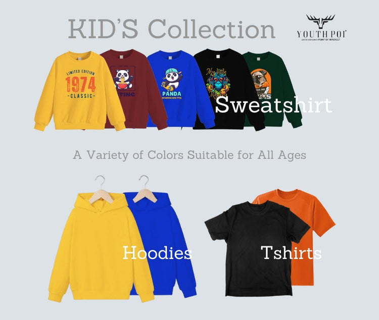 The Image show the Sweatshirt ,Hoodies,T-shirt with Variety of colors and sizes available for Kids collection.